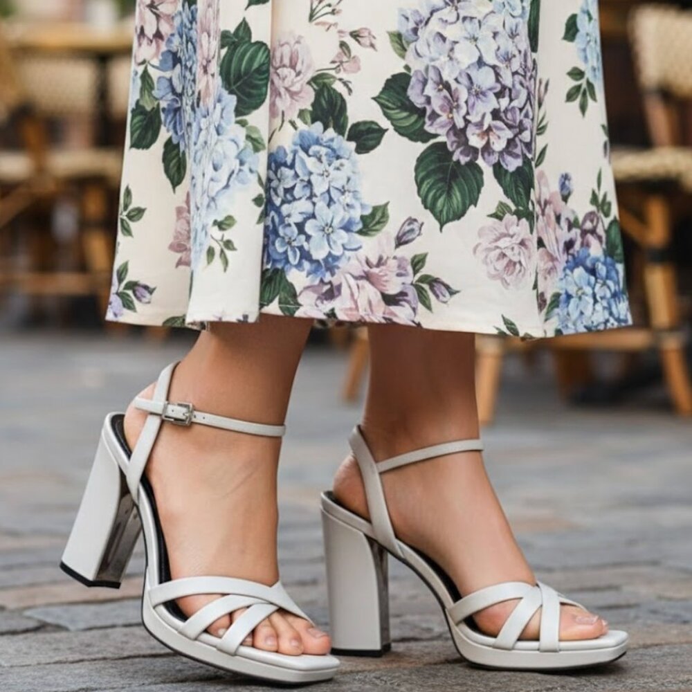 Franco Sarto Damalis Leather Platform Block Heel Sandal, Stone 7 NIB